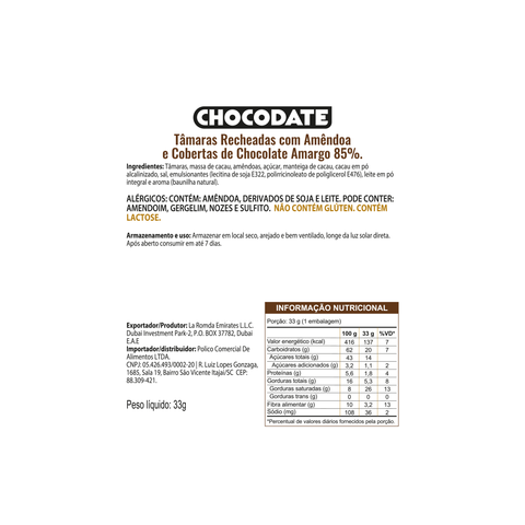 Chocodate Dark 85% 33g (Tâmaras Recheadas com Amêndoa e Coberturas de Chocolate Amargo 85%)