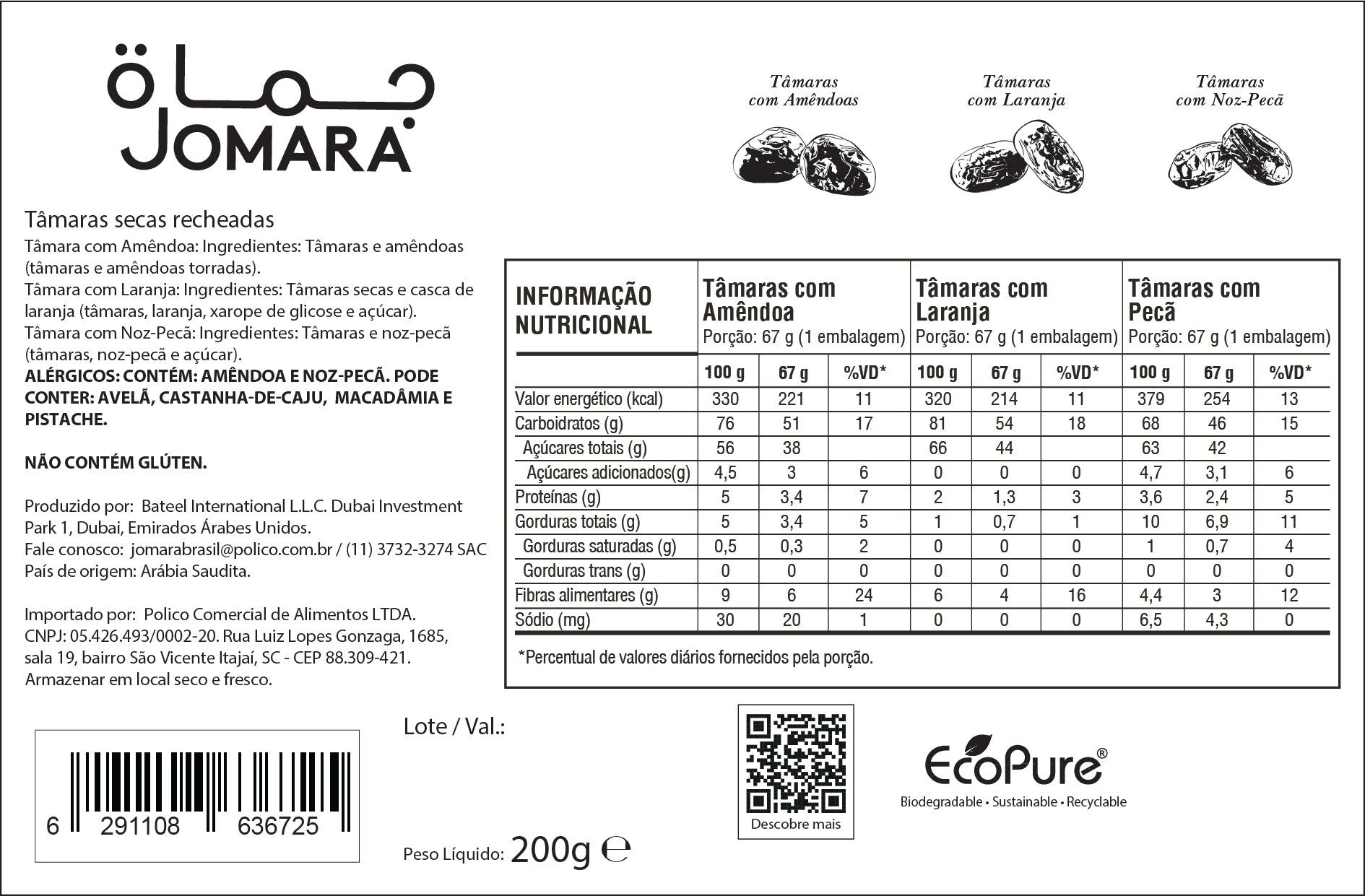 Tâmara Jomara Rech Com Laranja/pecã/amêndoa 200g - Importada