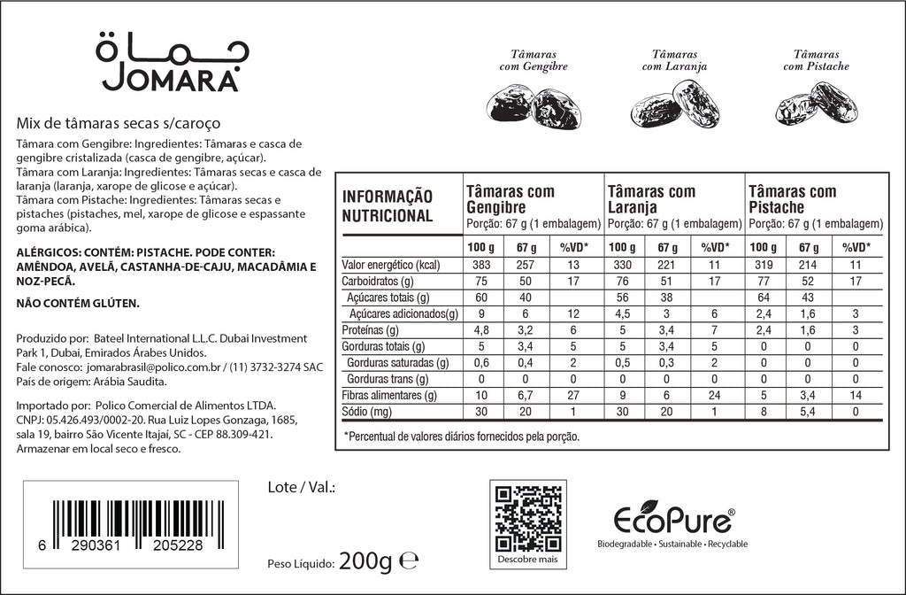 Tâmara Jomara Rech Com Gengibre/laranja/pistache 200g Import