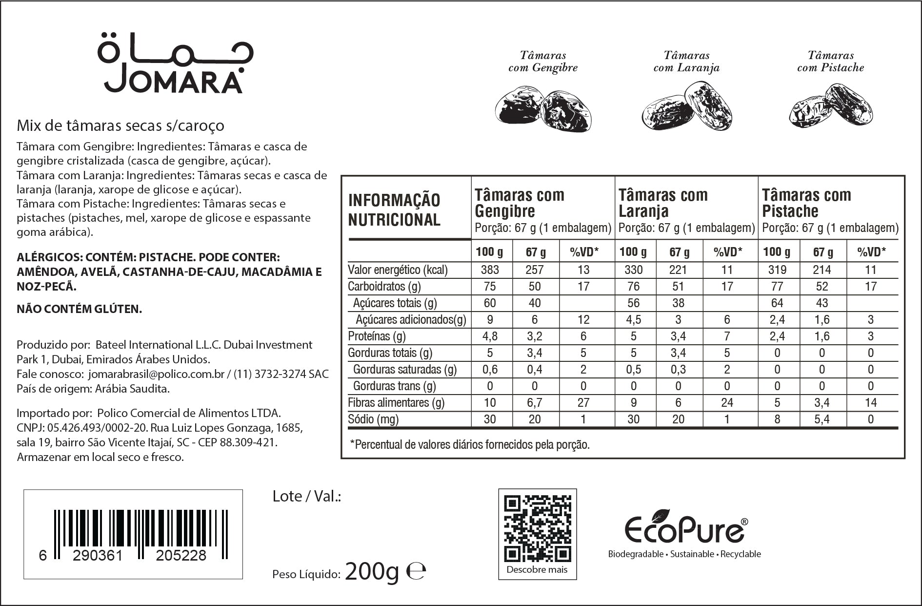Tâmara Jomara Rech Com Gengibre/laranja/pistache 200g Import