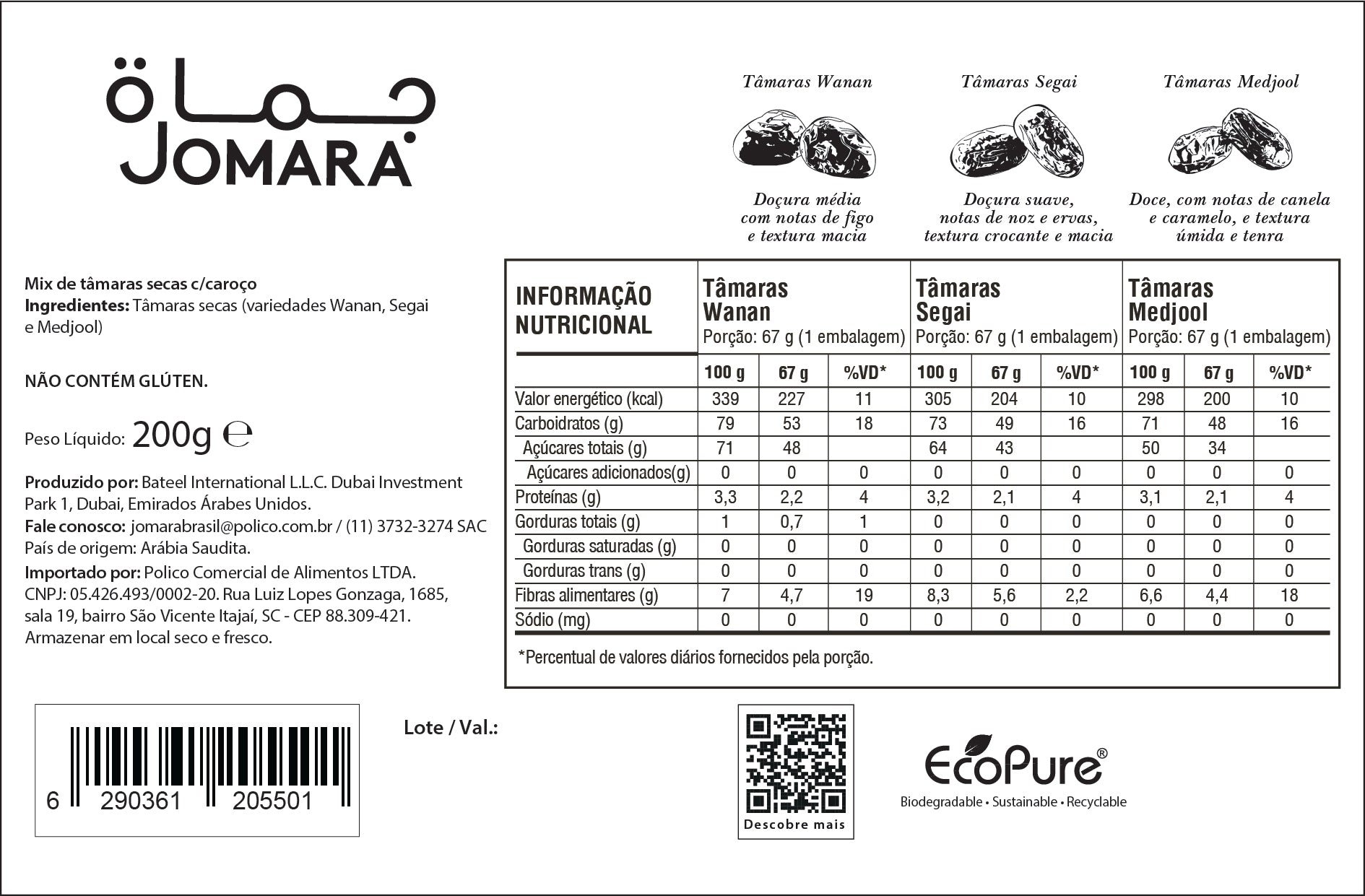 Tâmara Jomara Jumbo Medjool, Wanan E Segai 200g - Importada