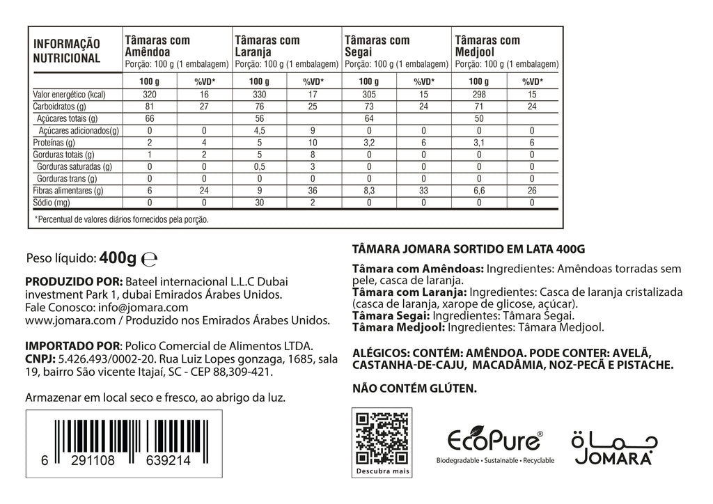 Tâmaras Jomara Sortidas 400g Lata Presente Importada