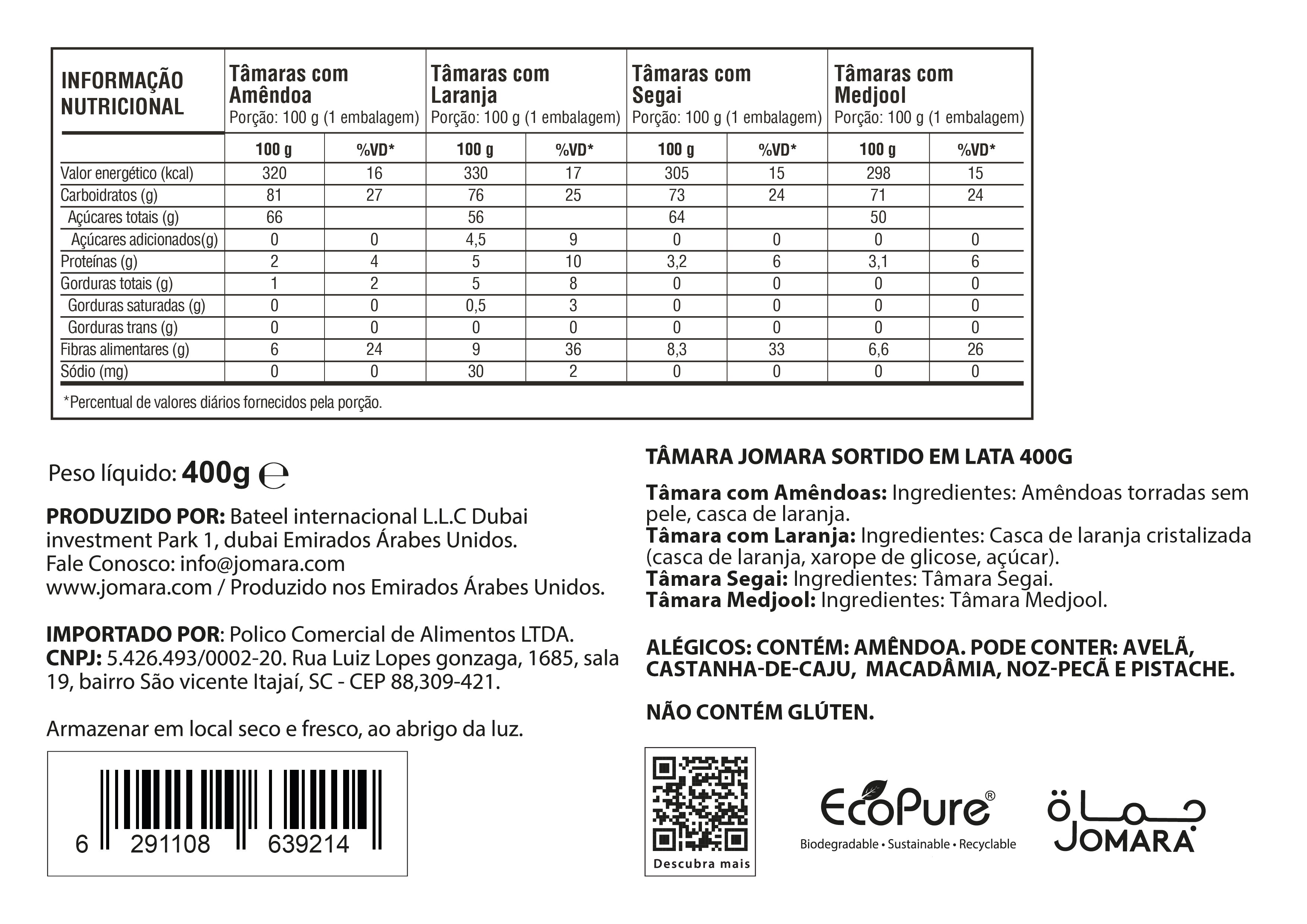 Tâmaras Jomara Sortidas 400g Lata Presente Importada