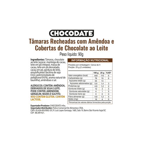 Chocodate Milk 90g (Tâmaras Recheadas com Amêndoa e Coberturas com Chocolate ao Leite)