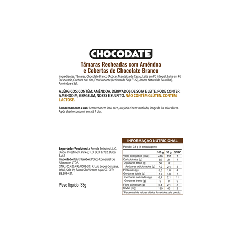 Chocodate White 33g (Tâmaras Recheadas com Amêndoa e Coberturas de Chocolate Branco)
