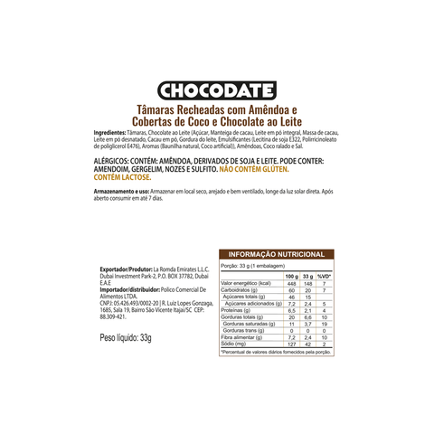 Chocodate Coconut 33g (Tâmaras Recheadas com Amêndoa e Coberturas de Coco e Chocolate ao Leite)