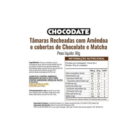 Chocodate Matcha 90g (Tâmaras Recheadas com Amêndoa e Cobertas de Chocolate e Matchá)