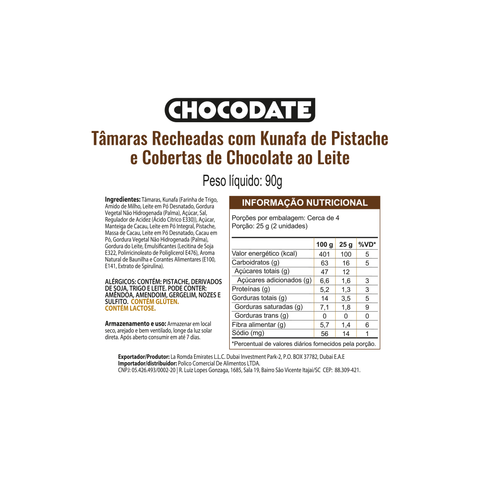 Chocodate Dubai Pistachio Kunafa 90g (Tâmaras Recheadas com Kunafa de Pistache e Coberturas de Chocolate ao Leite).