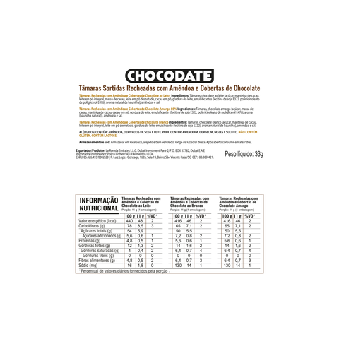 Chocodate Assorted 33g (Tâmaras Sortidas Recheadas com Amêndoa e Coberturas de Chocolate)