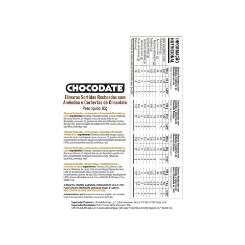 Chocodate Assorted 90g (Tâmaras Sortidas Recheadas com Amêndoa e Coberturas de Chocolate)