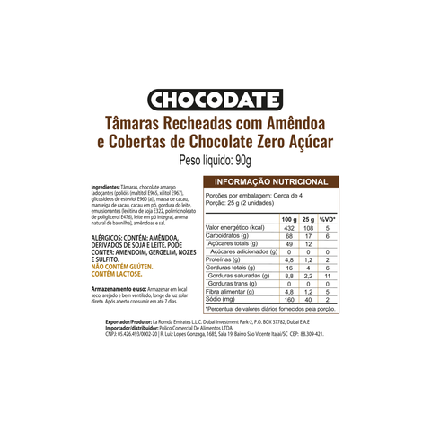Chocodate Zero Açúcar 90g (Tâmaras Recheadas com Amêndoa e Coberturas de Chocolate Zero Açúcar)